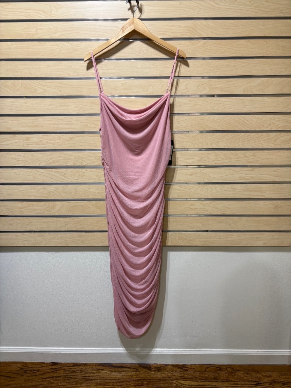 Bebe NWT blush pink cowl neck ruched bodycon midi dress size L